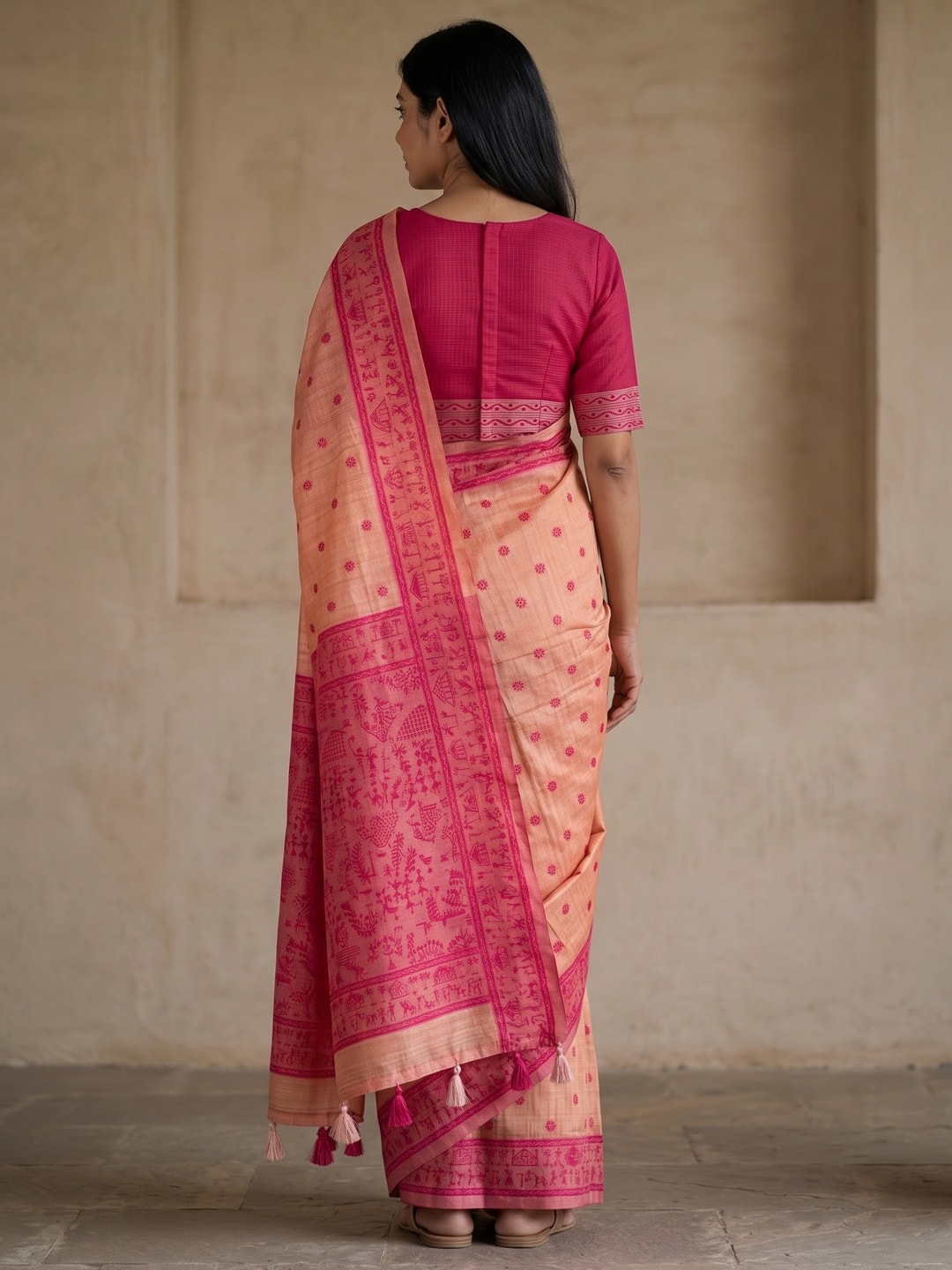 Peachmode Peach Tussar Cotton Silk Saree with Warli - Image 2
