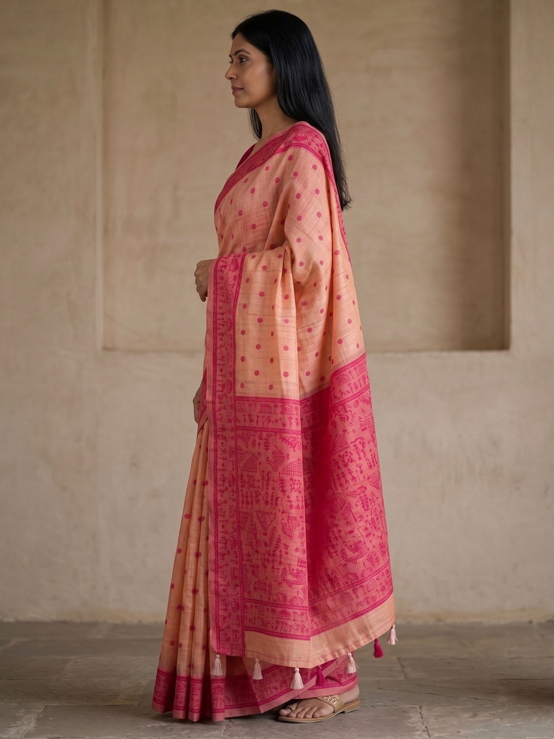 Peachmode Peach Tussar Cotton Silk Saree with Warli - Image 3