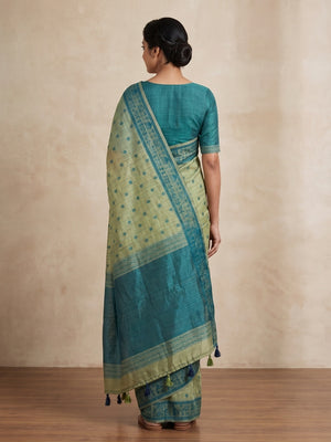Peachmode Sage Green Tussar Cotton Silk Saree with Warli - Image 2