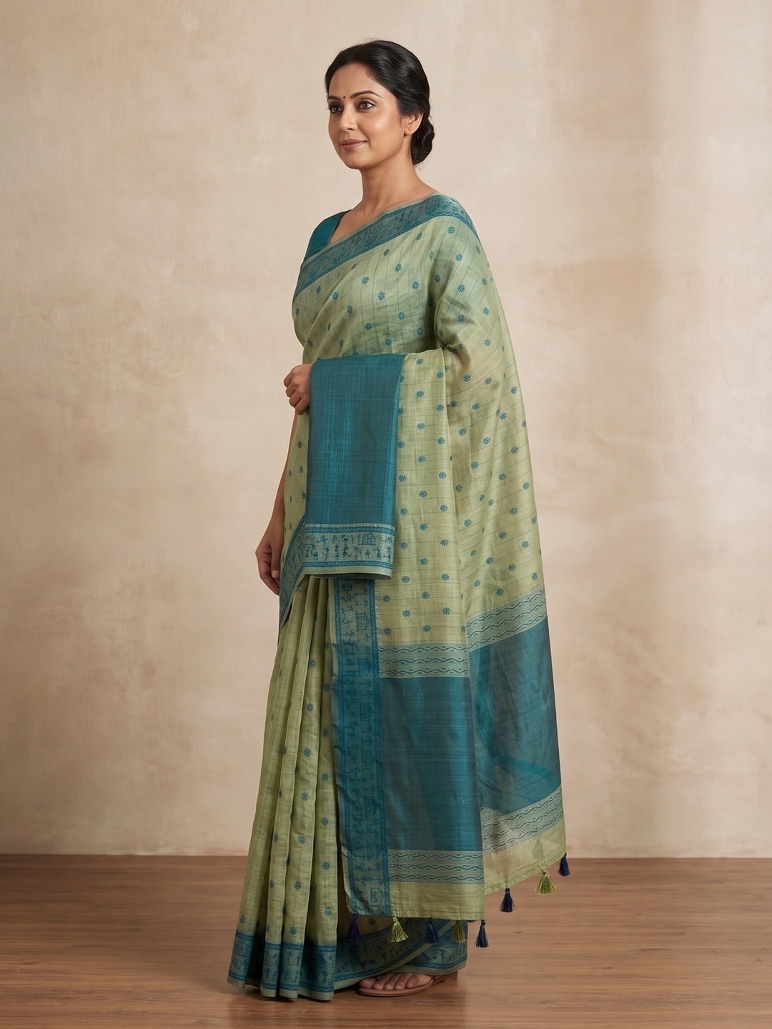Peachmode Sage Green Tussar Cotton Silk Saree with Warli - Image 3