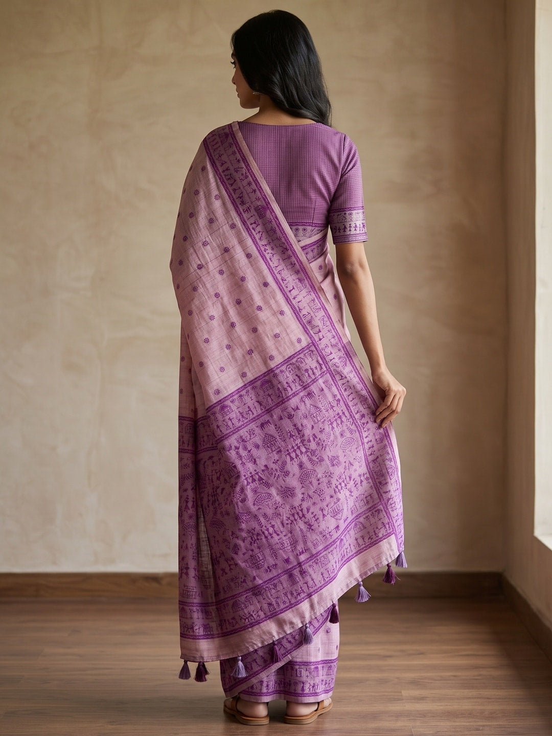 Peachmode Lavender Tussar Cotton Silk Saree with Warli - Image 2