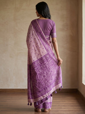 Peachmode Lavender Tussar Cotton Silk Saree with Warli - Image 2