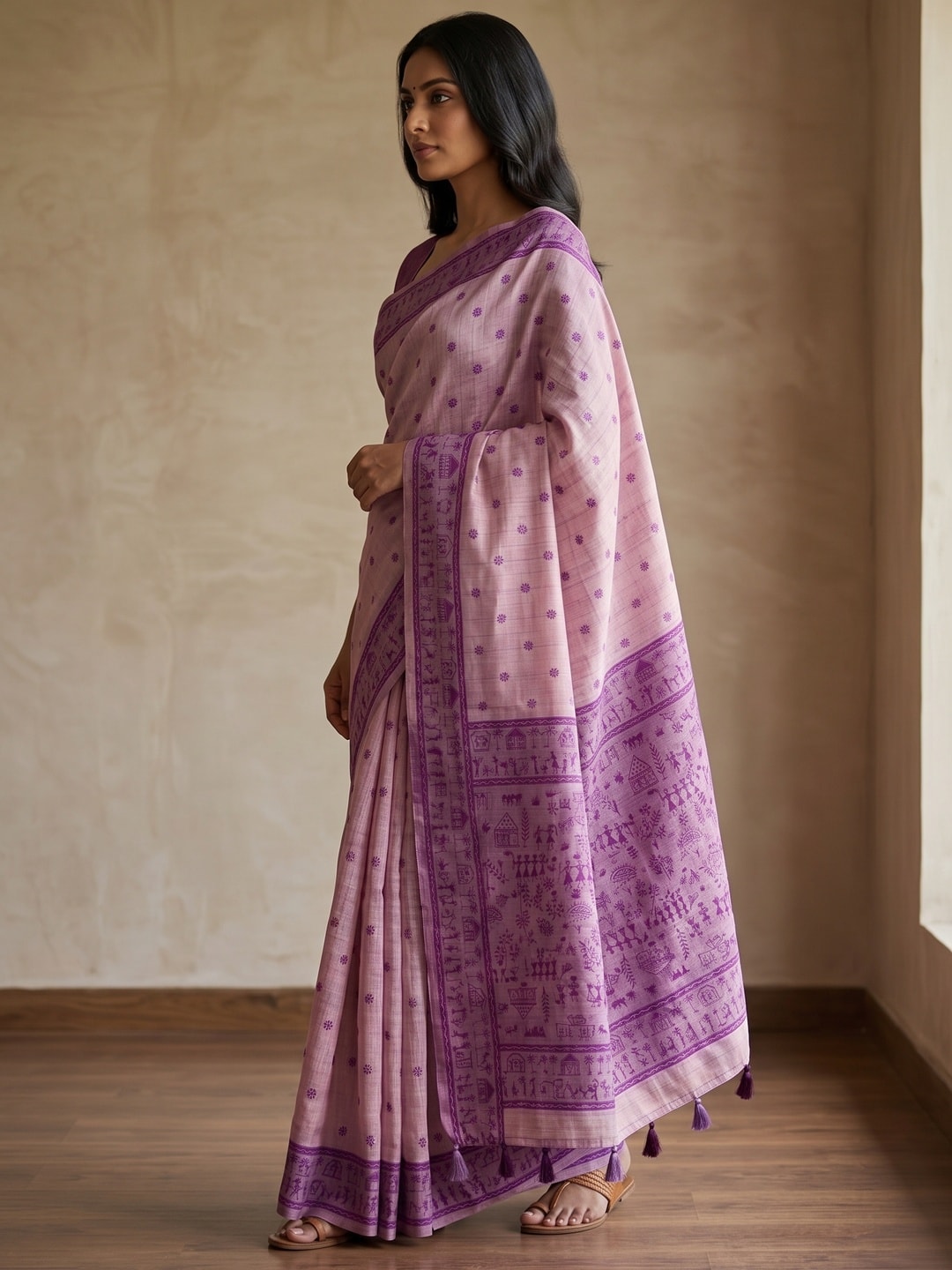 Peachmode Lavender Tussar Cotton Silk Saree with Warli - Image 3