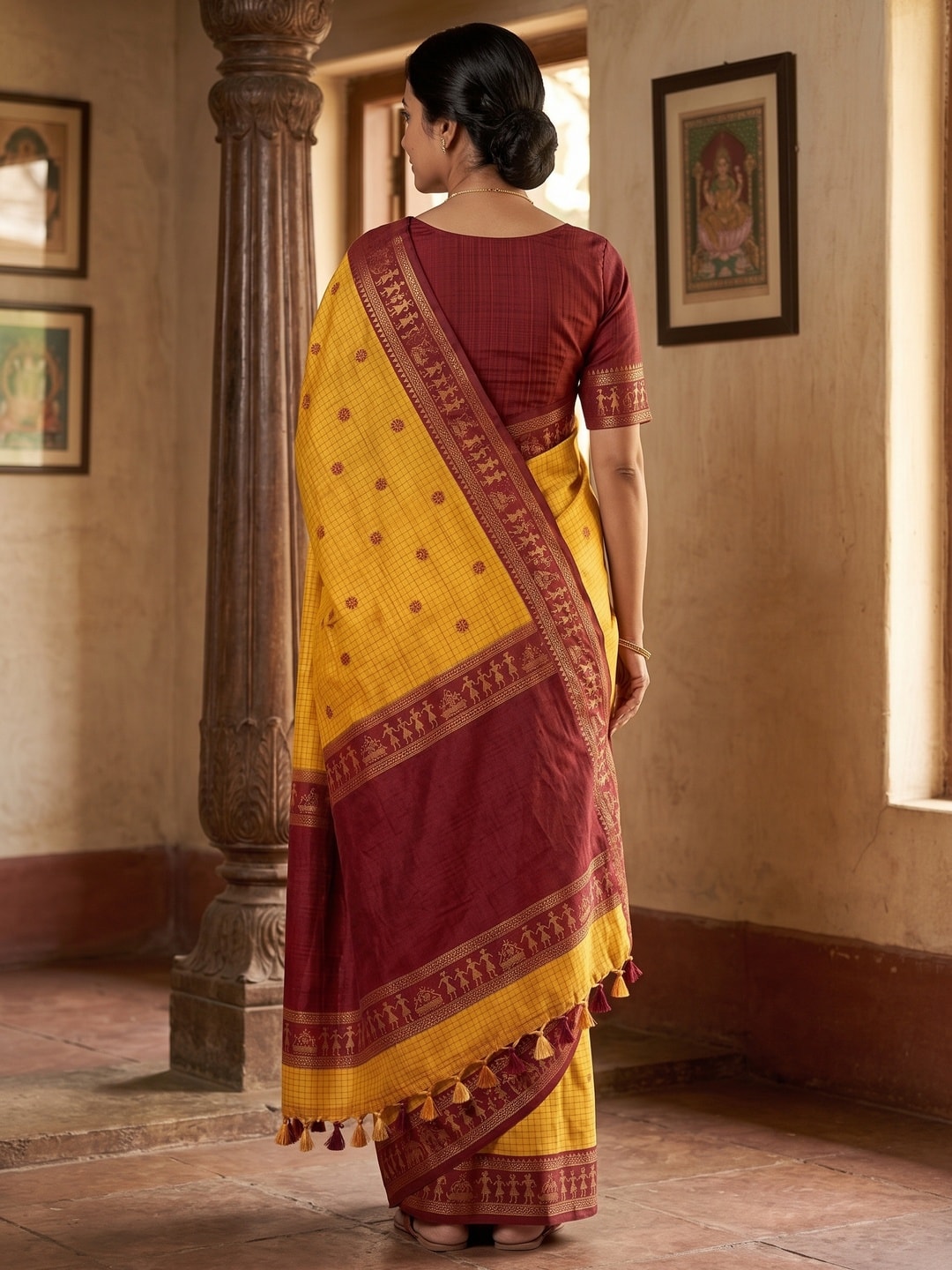 Peachmode Yellow Tussar Cotton Silk Saree with Warli - Image 2