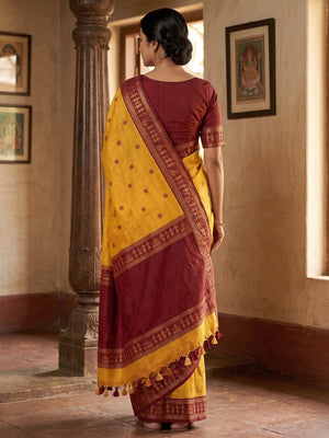 Peachmode Yellow Tussar Cotton Silk Saree with Warli - Image 2