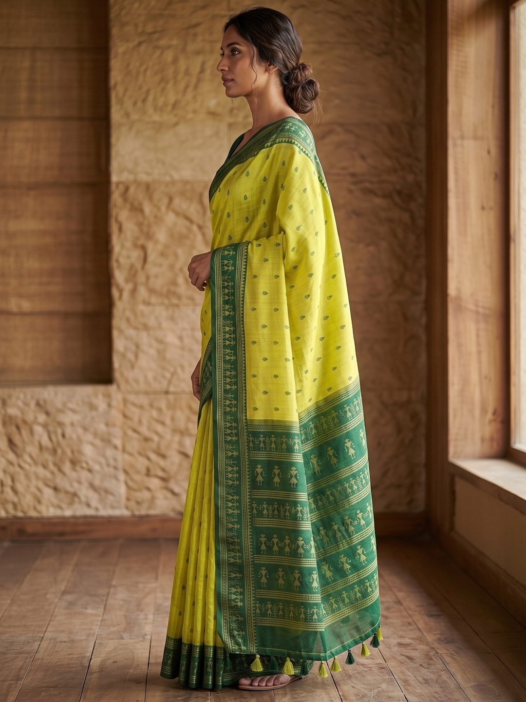 Peachmode Lime Green Tussar Cotton Silk Saree with Warli - Image 3