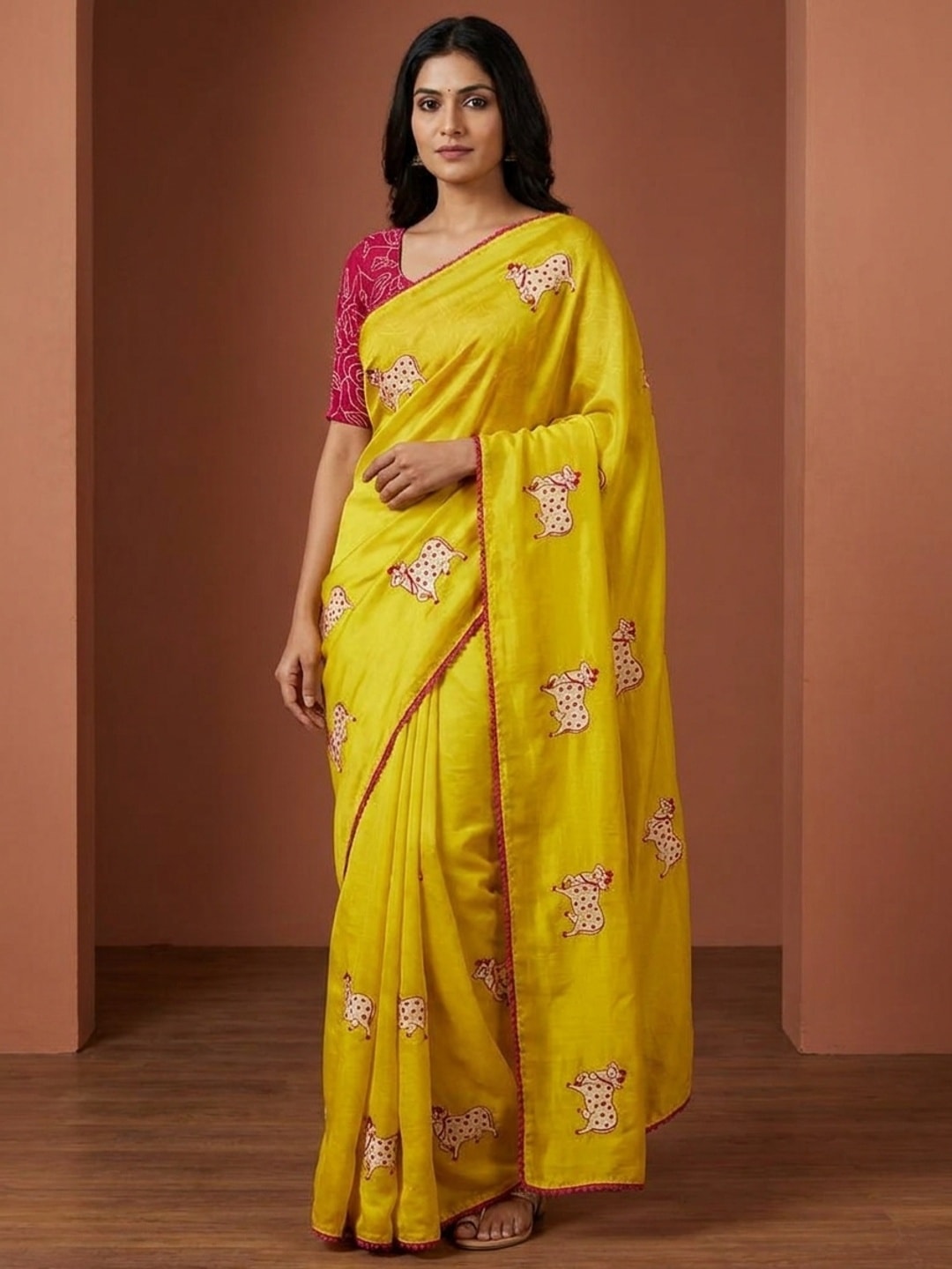 Peachmode Lemon Yellow Viscose Rangoli Saree With Kamdhenu Cow Embroidery - Image 1