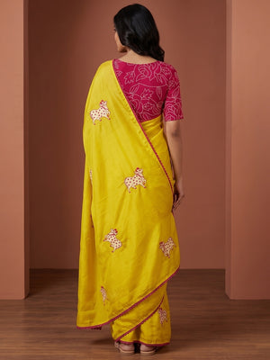 Peachmode Lemon Yellow Viscose Rangoli Saree With Kamdhenu Cow Embroidery - Image 2