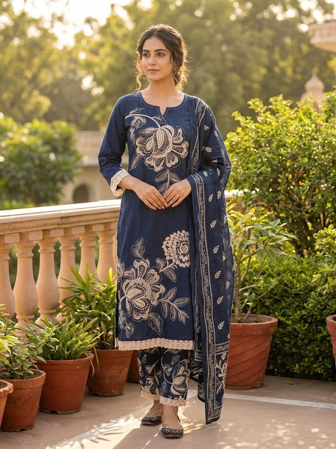 Peachmode Navy Blue Cotton Embroidered Salwar Suit - Image 1