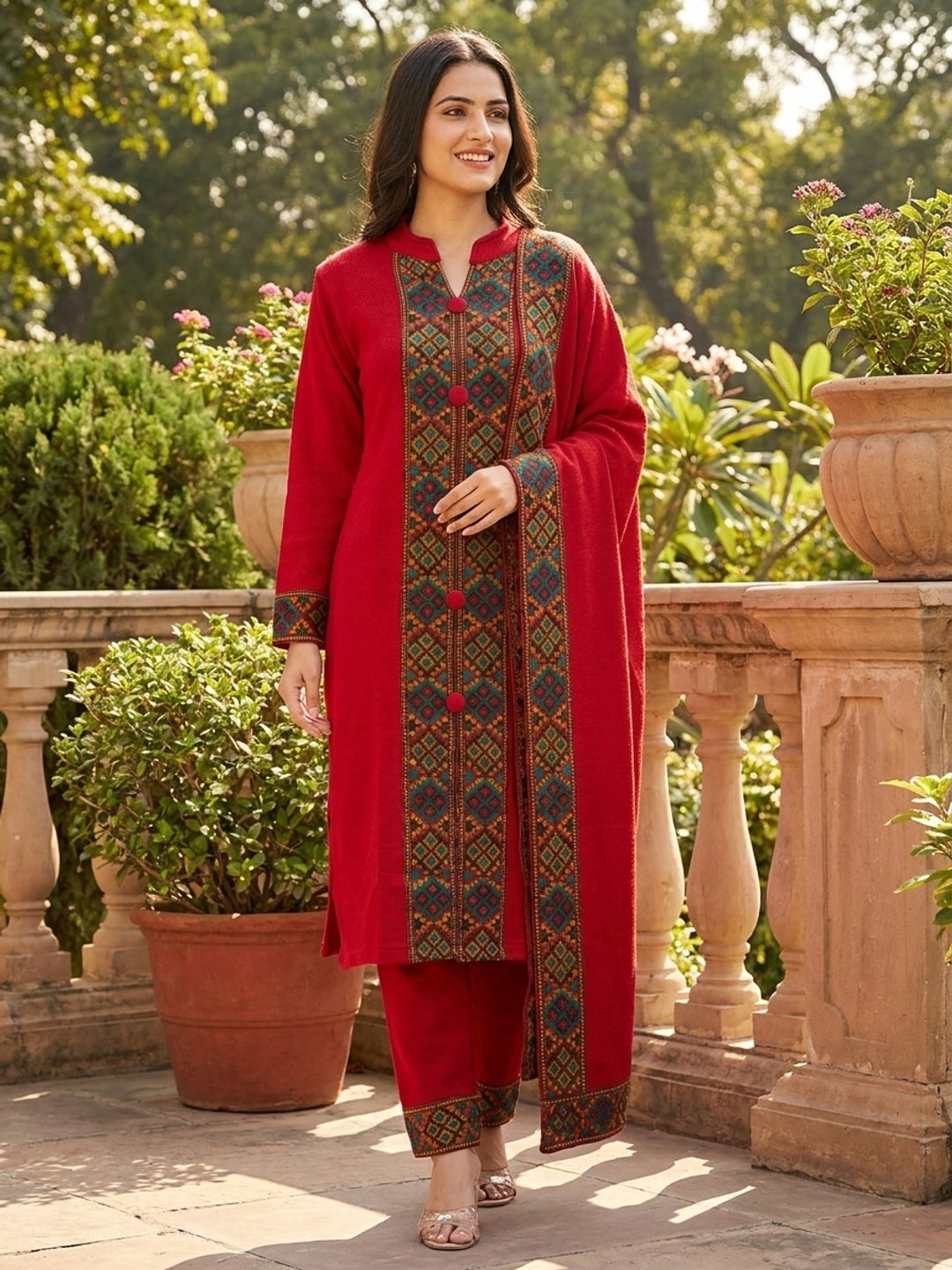 Peachmode Red Woolen Salwar Suit With Woven Border - Image 1