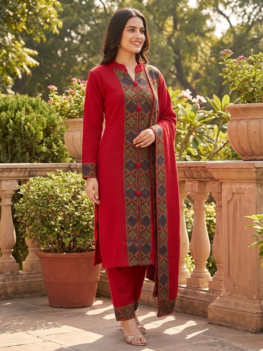 Peachmode Red Woolen Salwar Suit With Woven Border - Image 2