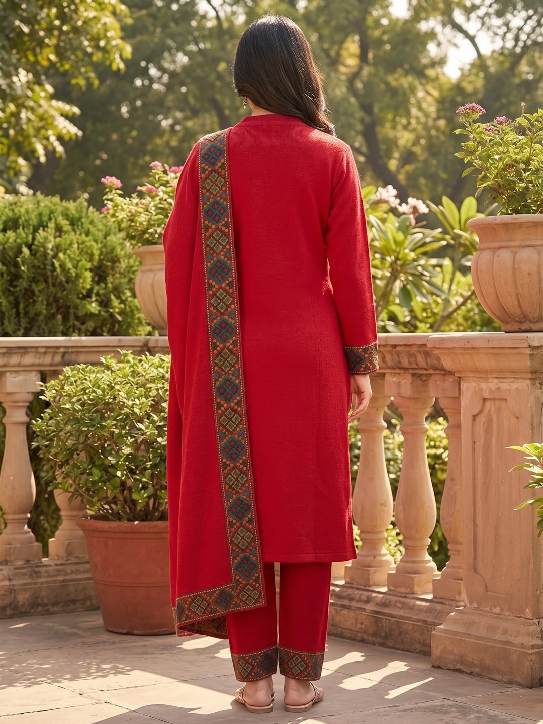 Peachmode Red Woolen Salwar Suit With Woven Border - Image 4