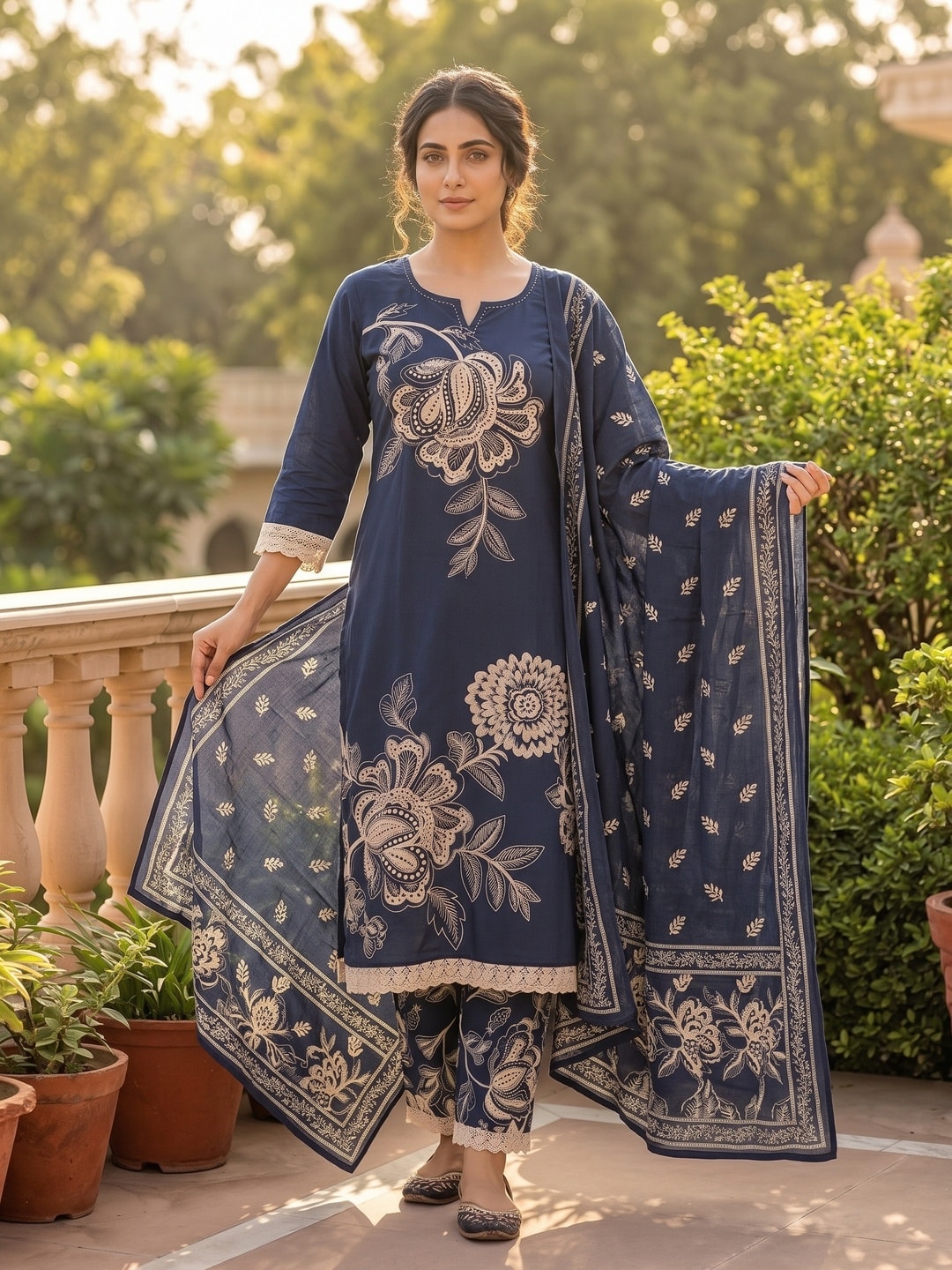 Peachmode Navy Blue Cotton Embroidered Salwar Suit - Image 2