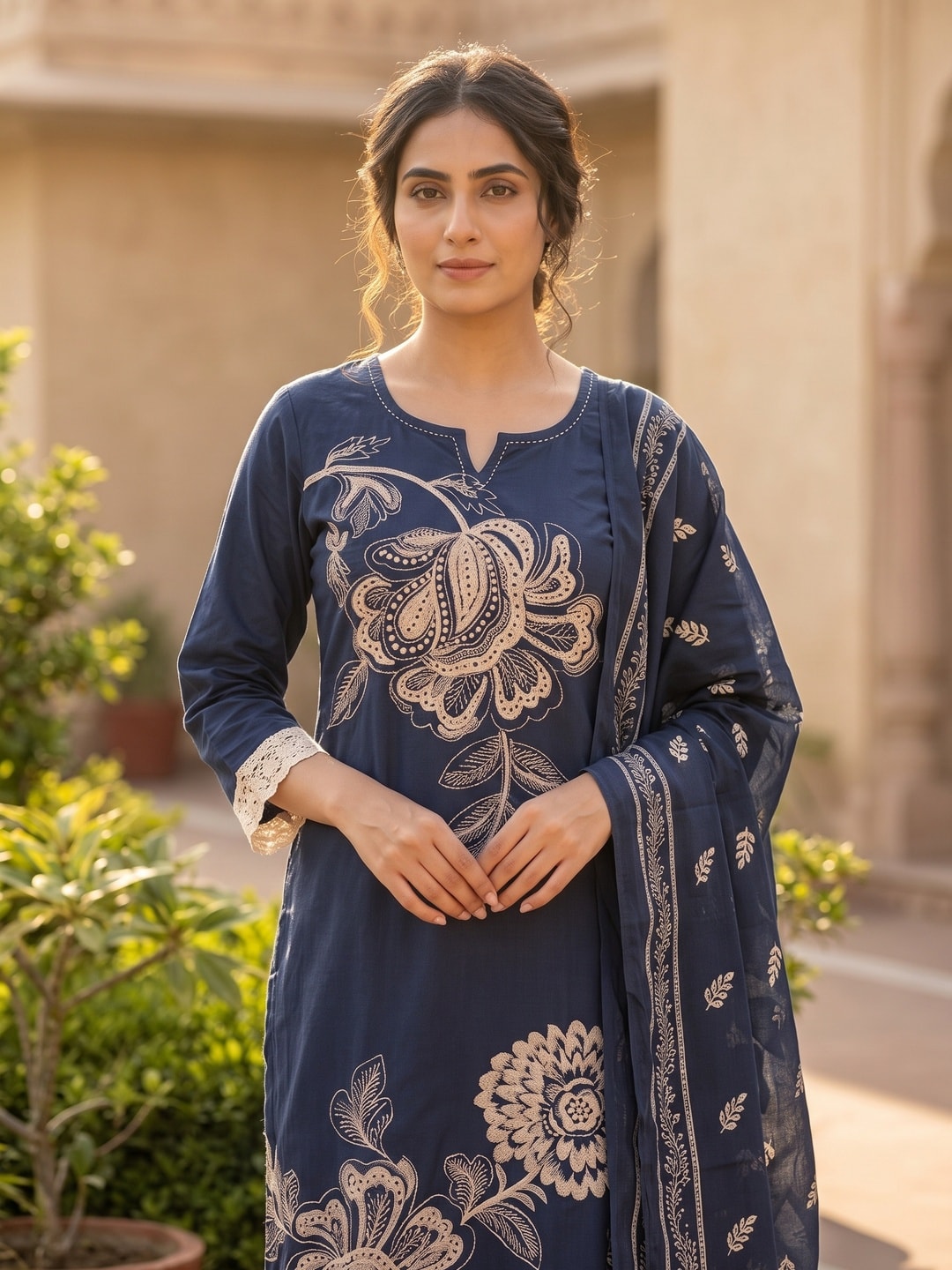 Peachmode Navy Blue Cotton Embroidered Salwar Suit - Image 5