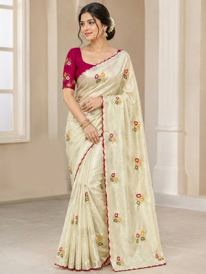Peachmode Cream Viscose Rangoli Saree With Sequin Embroidery - Image 1
