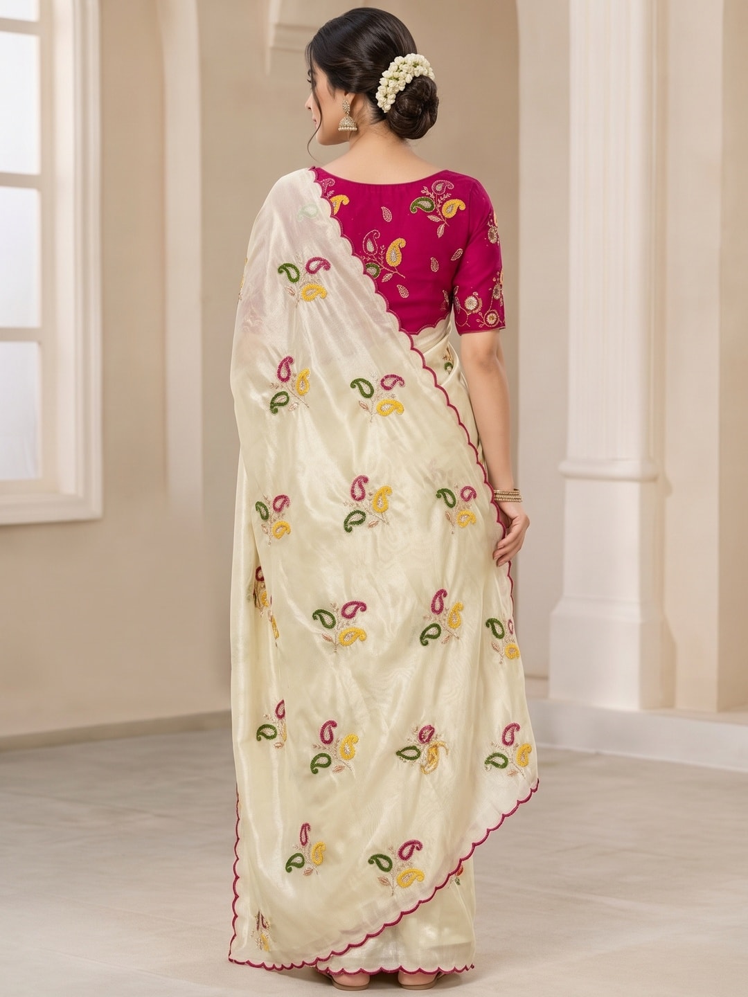 Peachmode Cream Viscose Rangoli Saree With Sequin Embroidery - Image 2