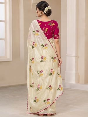 Peachmode Cream Viscose Rangoli Saree With Sequin Embroidery - Image 2