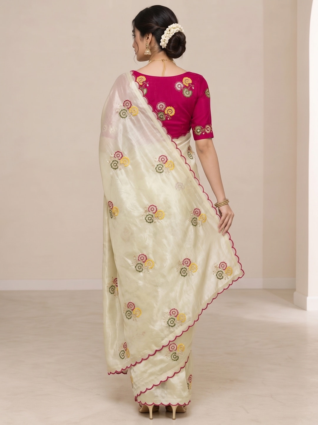 Peachmode Cream Floral Viscose Rangoli Saree With Sequin Embroidery - Image 2