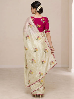 Peachmode Cream Floral Viscose Rangoli Saree With Sequin Embroidery - Image 2