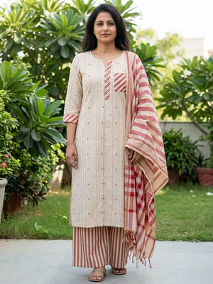 Peachmode Cream Cotton Striped Salwar Suit - Image 1