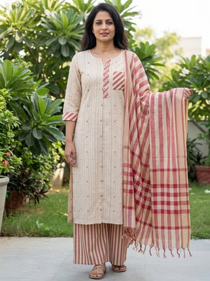 Peachmode Cream Cotton Striped Salwar Suit - Image 2