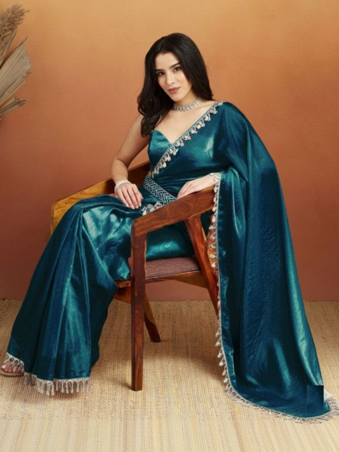 Peachmode Teal Solid Satin Saree with Elegant Gotta Patti Lace Border - Image 2