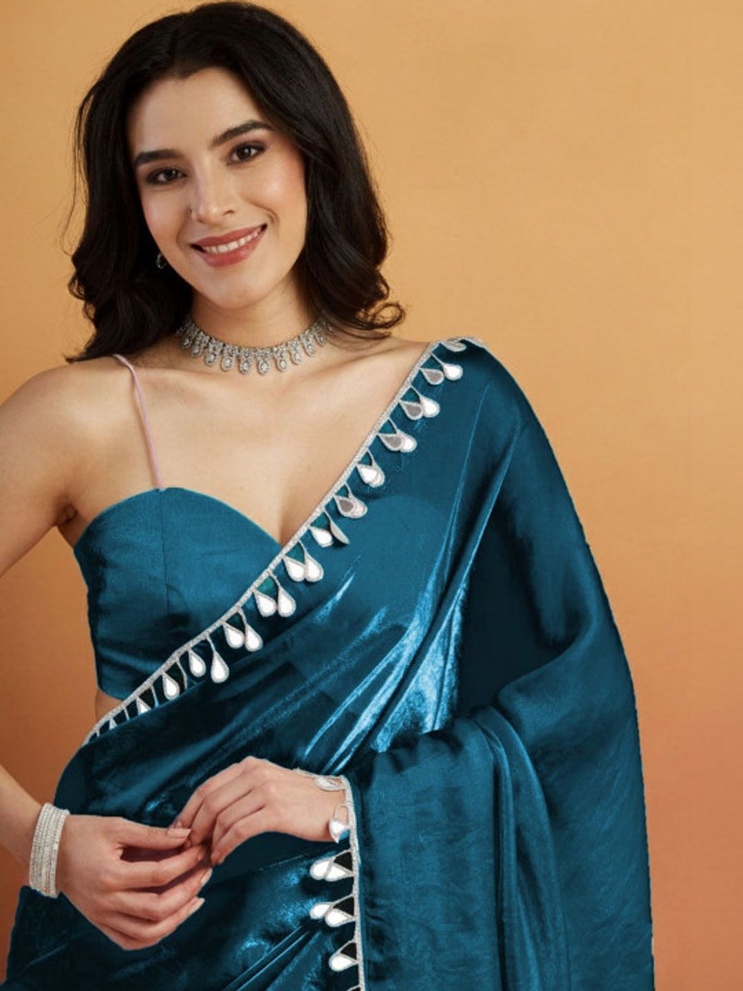 Peachmode Teal Solid Satin Saree with Elegant Gotta Patti Lace Border - Image 3