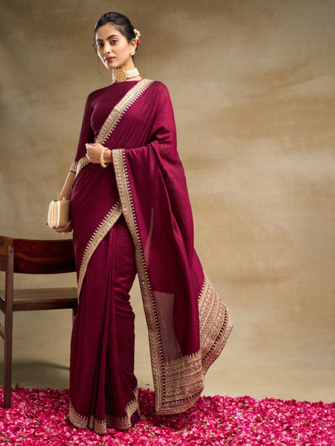 Peachmode Wine Vichitra Silk Zari Embroidered Saree - Image 1