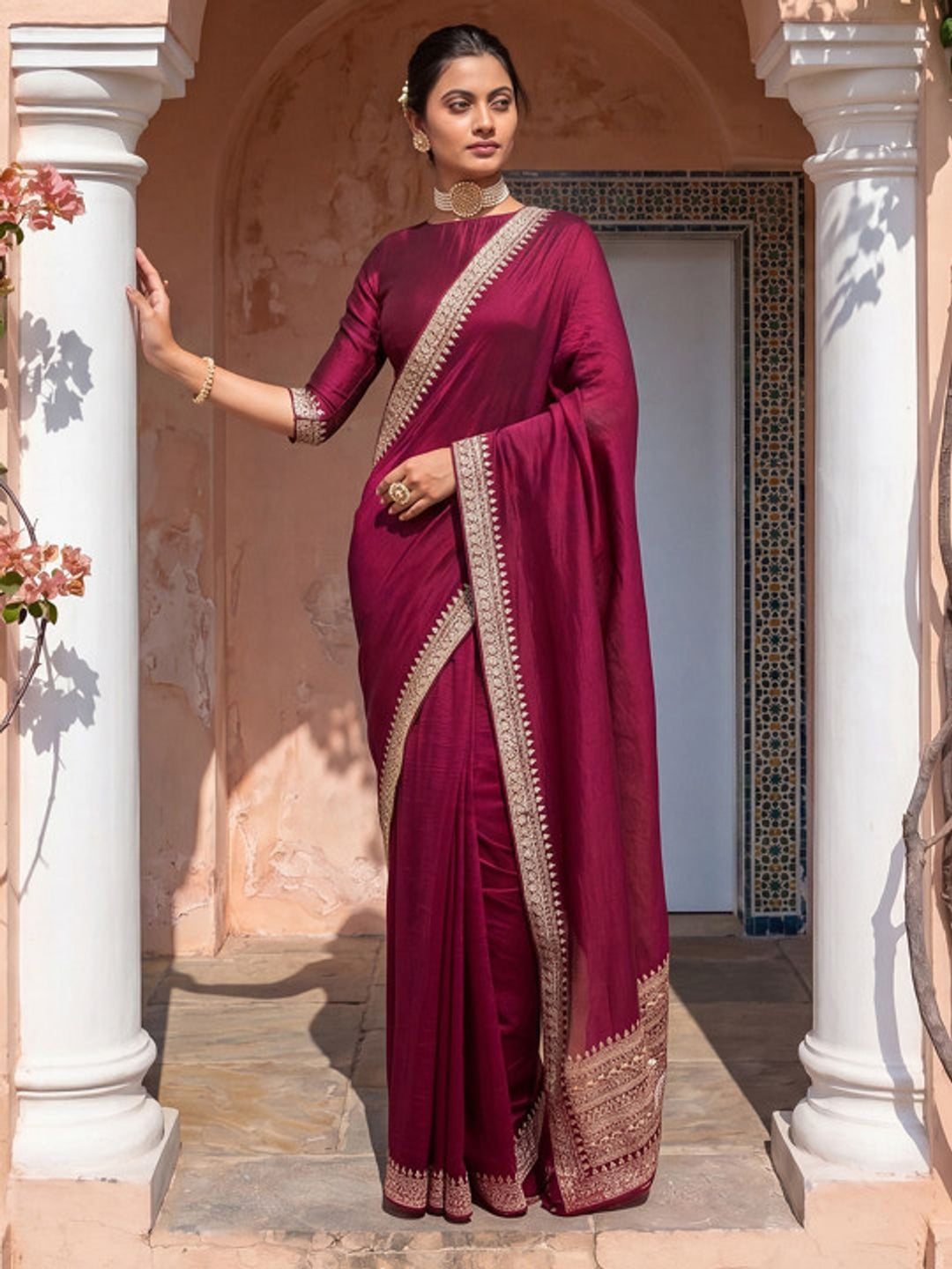 Peachmode Wine Vichitra Silk Zari Embroidered Saree - Image 2