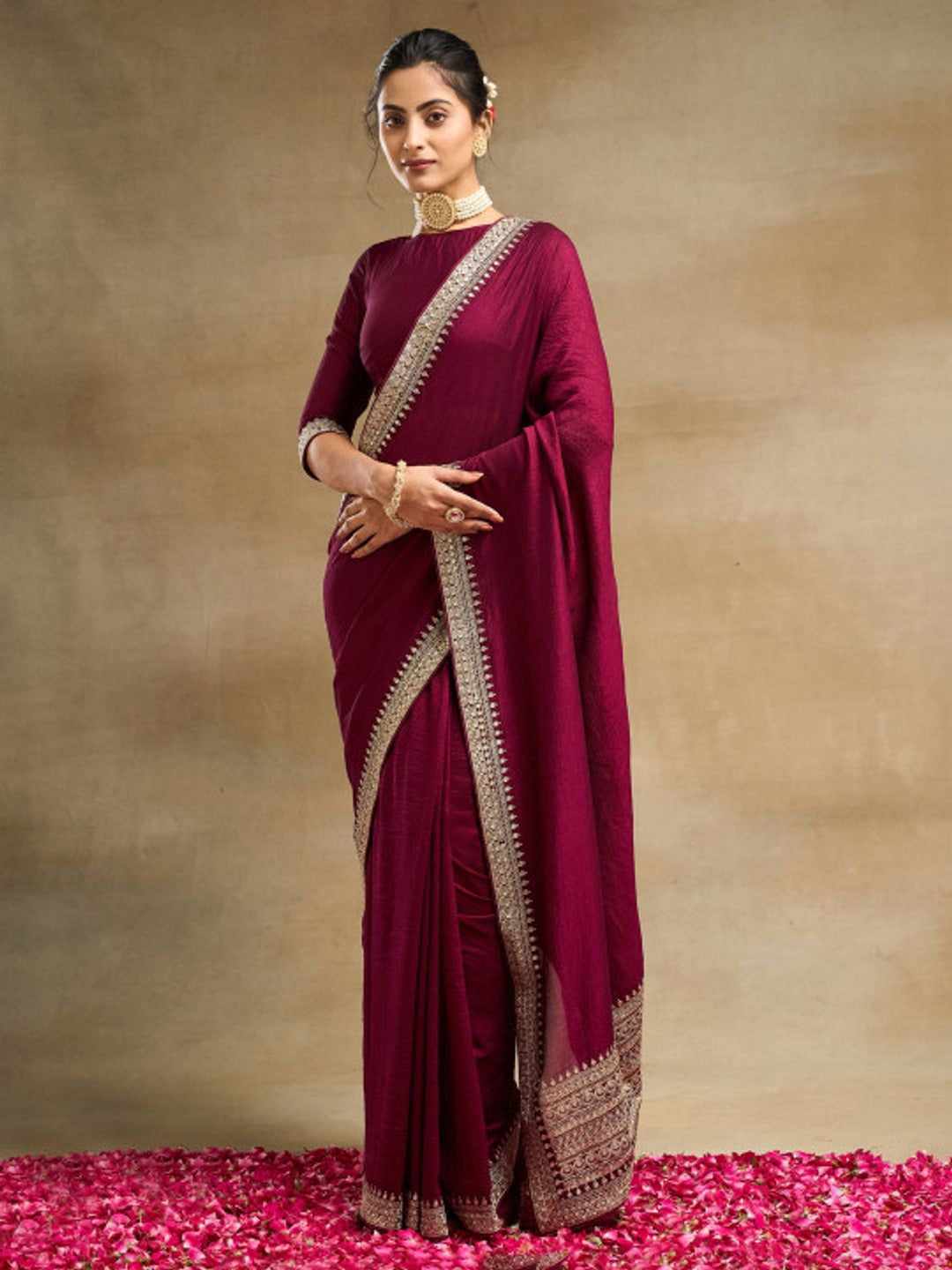 Peachmode Wine Vichitra Silk Zari Embroidered Saree - Image 3