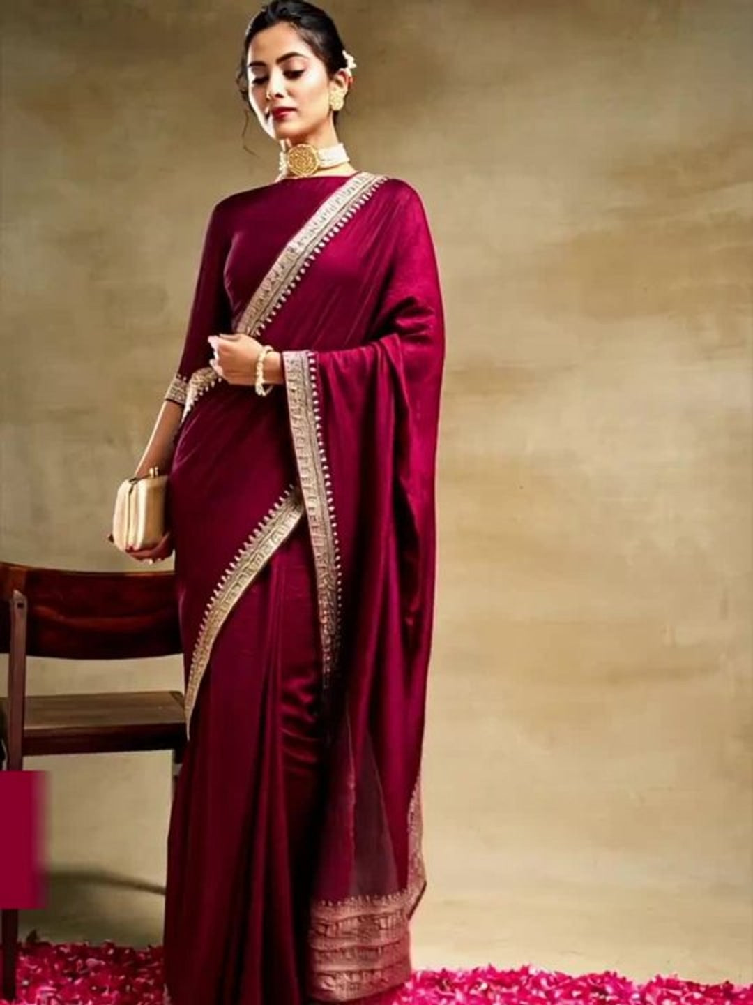 Peachmode Wine Vichitra Silk Zari Embroidered Saree - Image 5