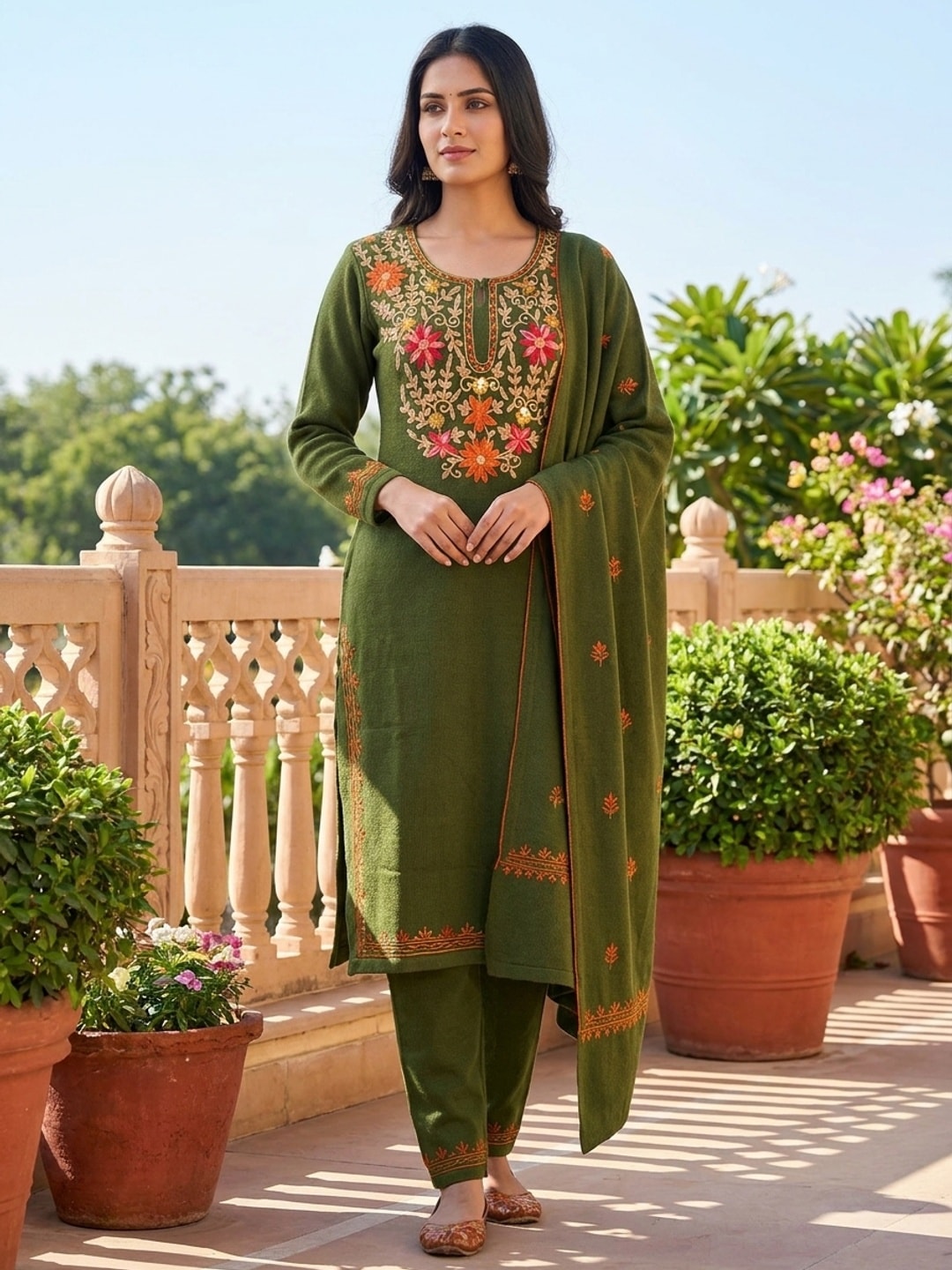 Peachmode Olive Green Woolen Salwar Suit With Floral Embroidery - Image 1