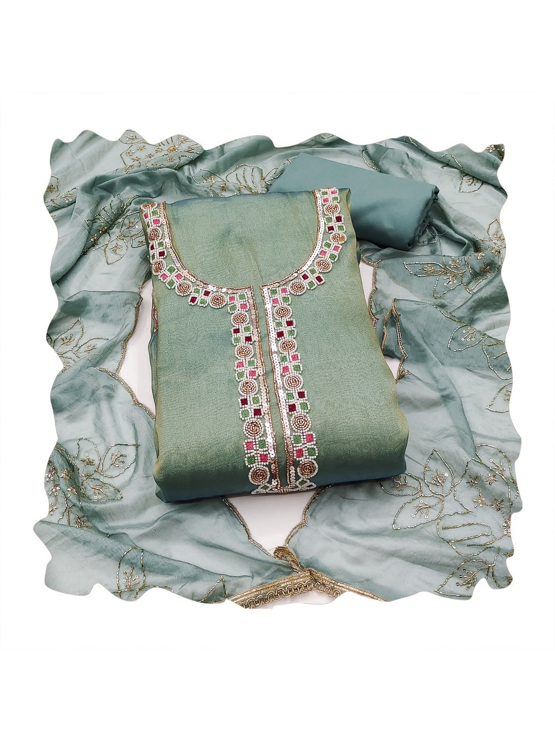 Peachmode Green Embroidered Viscose Unstitched Dress Material - Image 1