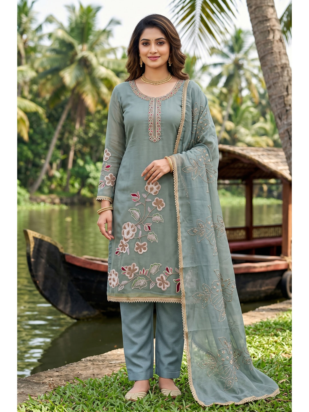 Peachmode Green Embroidered Viscose Unstitched Dress Material - Image 2