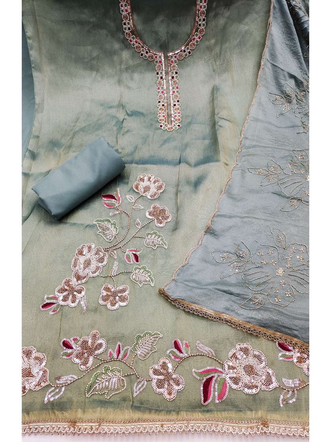 Peachmode Green Embroidered Viscose Unstitched Dress Material - Image 3