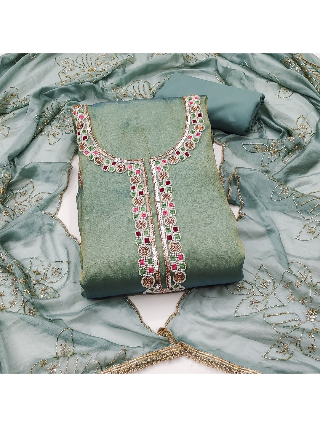 Peachmode Green Embroidered Viscose Unstitched Dress Material - Image 5