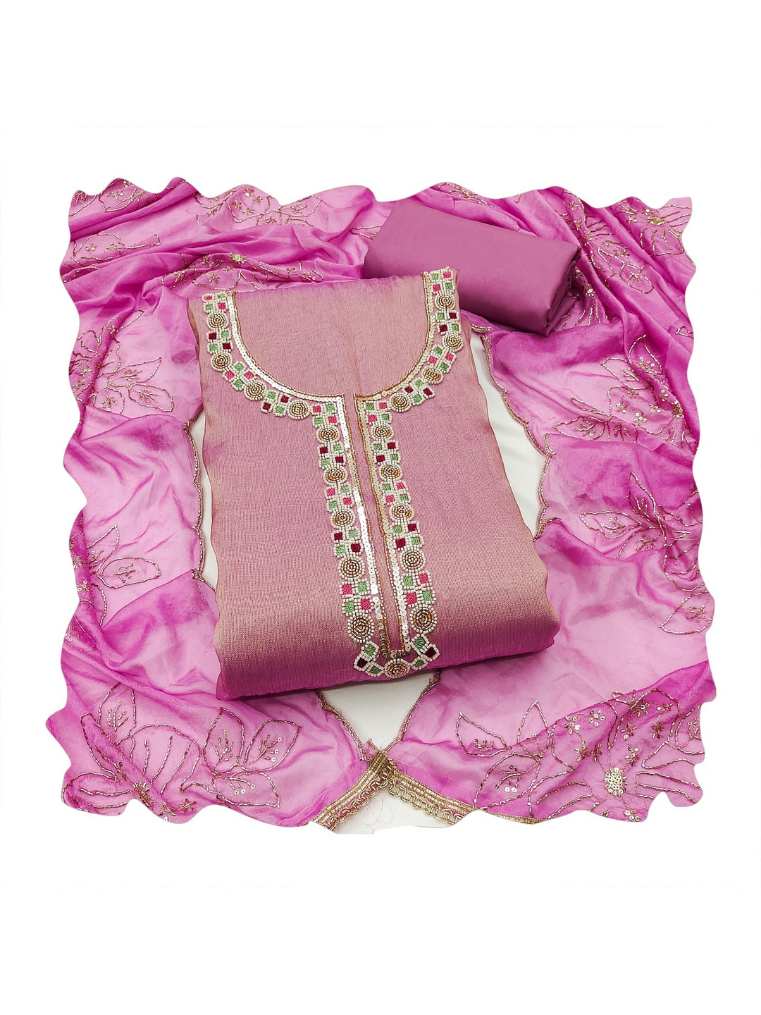 Peachmode Pink Embroidered Viscose Unstitched Dress Material - Image 1
