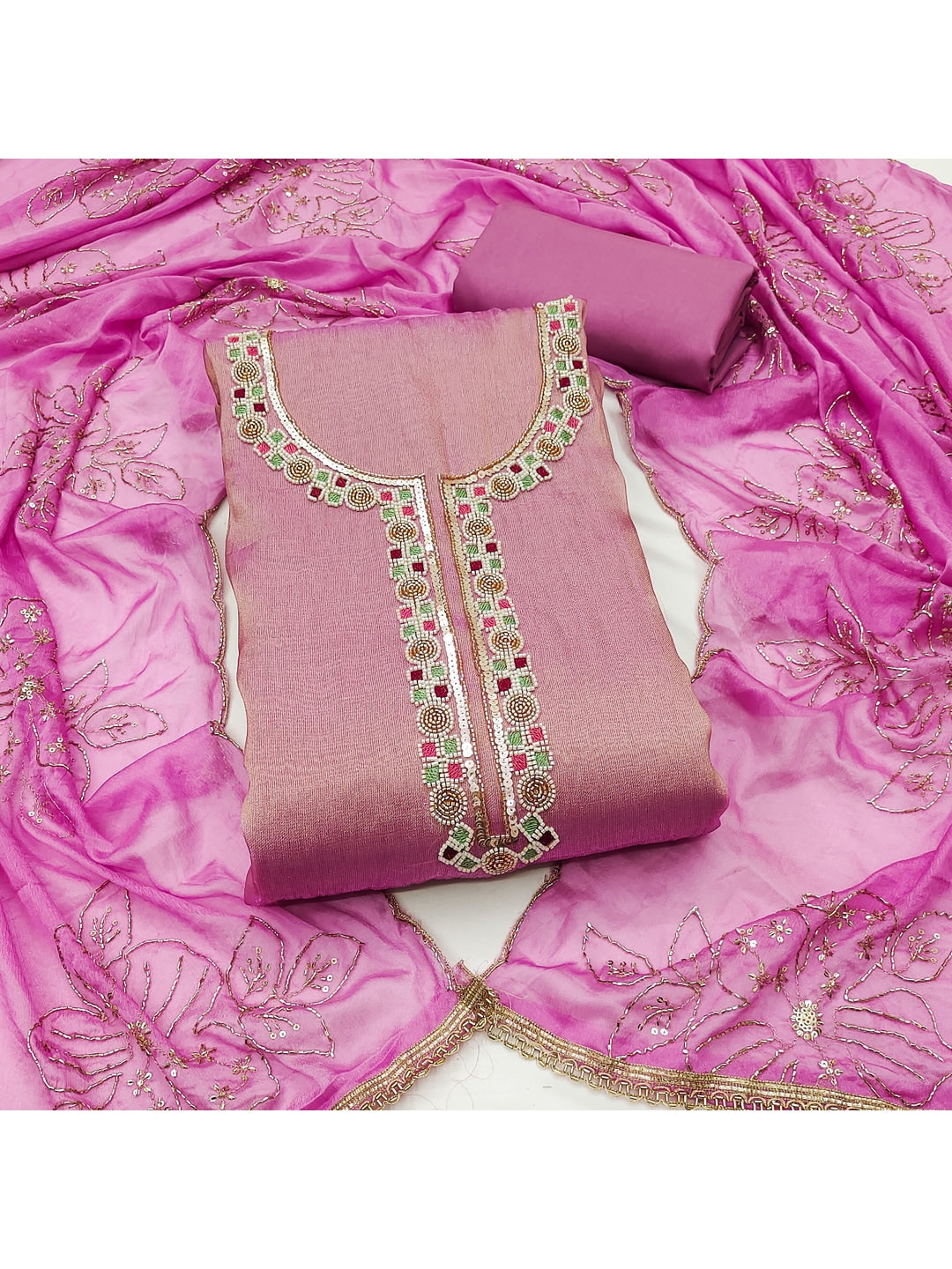 Peachmode Pink Embroidered Viscose Unstitched Dress Material - Image 5