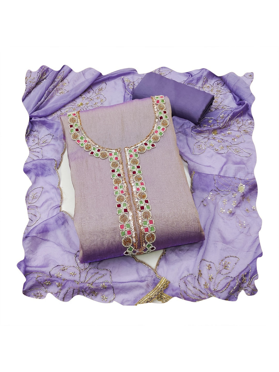 Peachmode Lavender Embroidered Viscose Unstitched Dress Material - Image 1