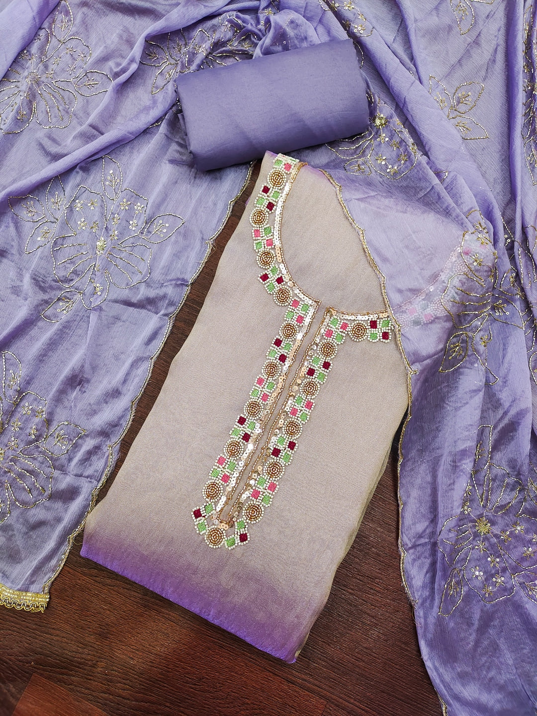 Peachmode Lavender Embroidered Viscose Unstitched Dress Material - Image 4
