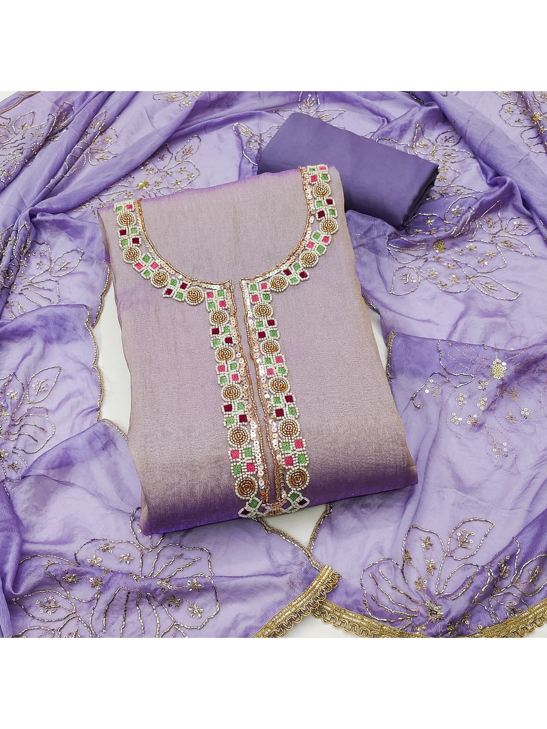 Peachmode Lavender Embroidered Viscose Unstitched Dress Material - Image 5