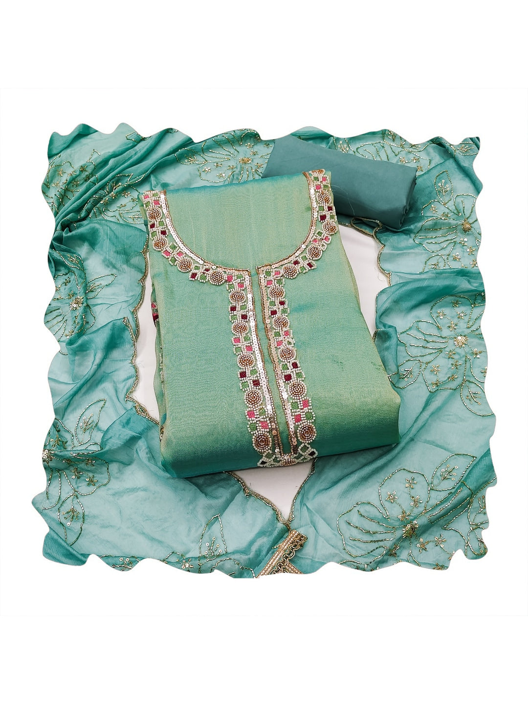 Peachmode Turquoise Embroidered Viscose Unstitched Dress Material - Image 1