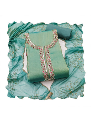 Peachmode Turquoise Embroidered Viscose Unstitched Dress Material - Image 1