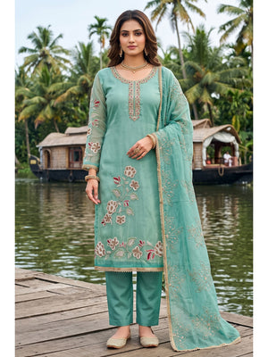 Peachmode Turquoise Embroidered Viscose Unstitched Dress Material - Image 2