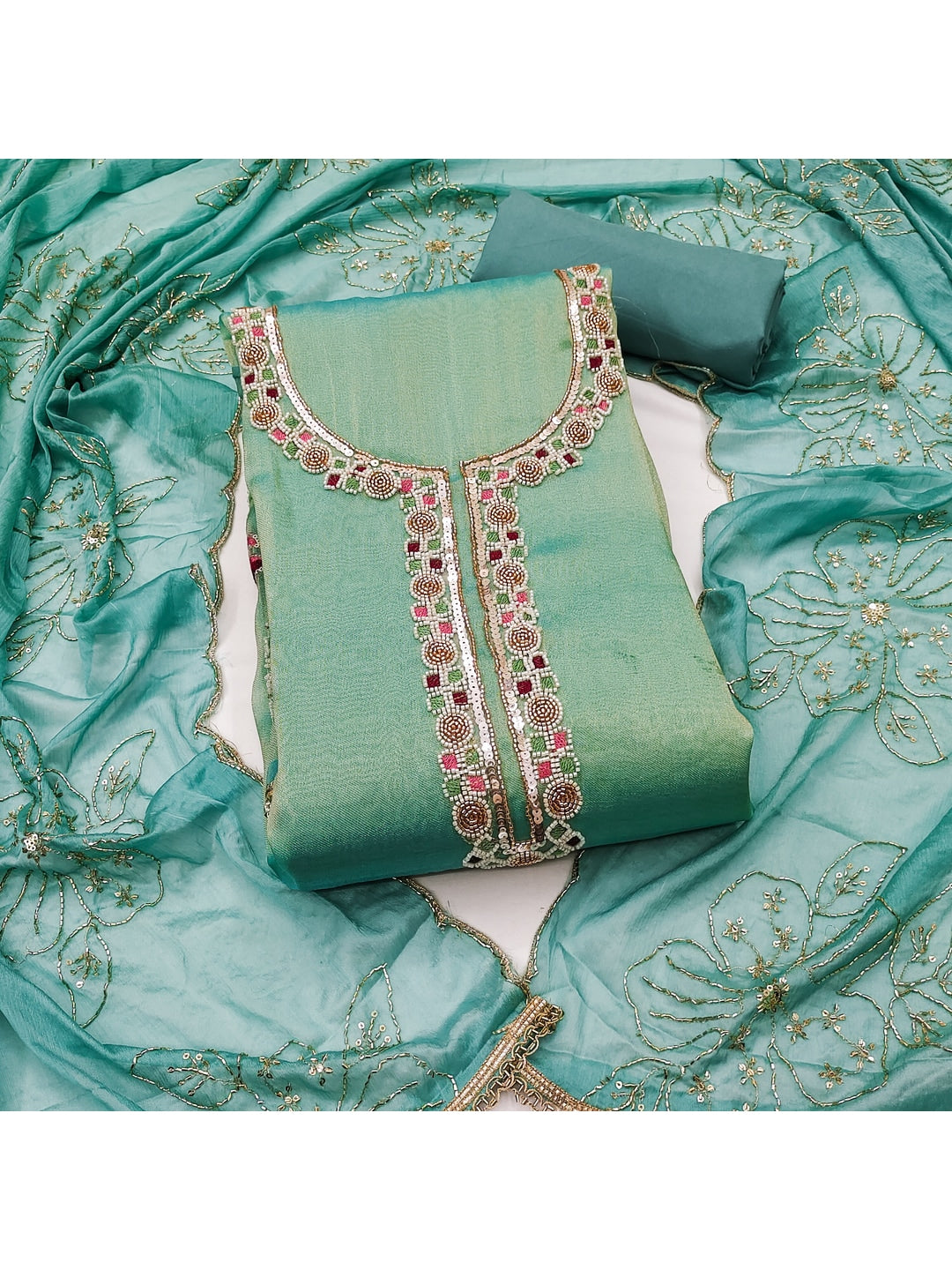 Peachmode Turquoise Embroidered Viscose Unstitched Dress Material - Image 5