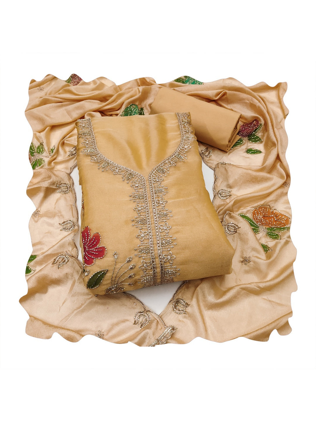 Peachmode Chikoo Floral Viscose Unstitched Dress Material - Image 1