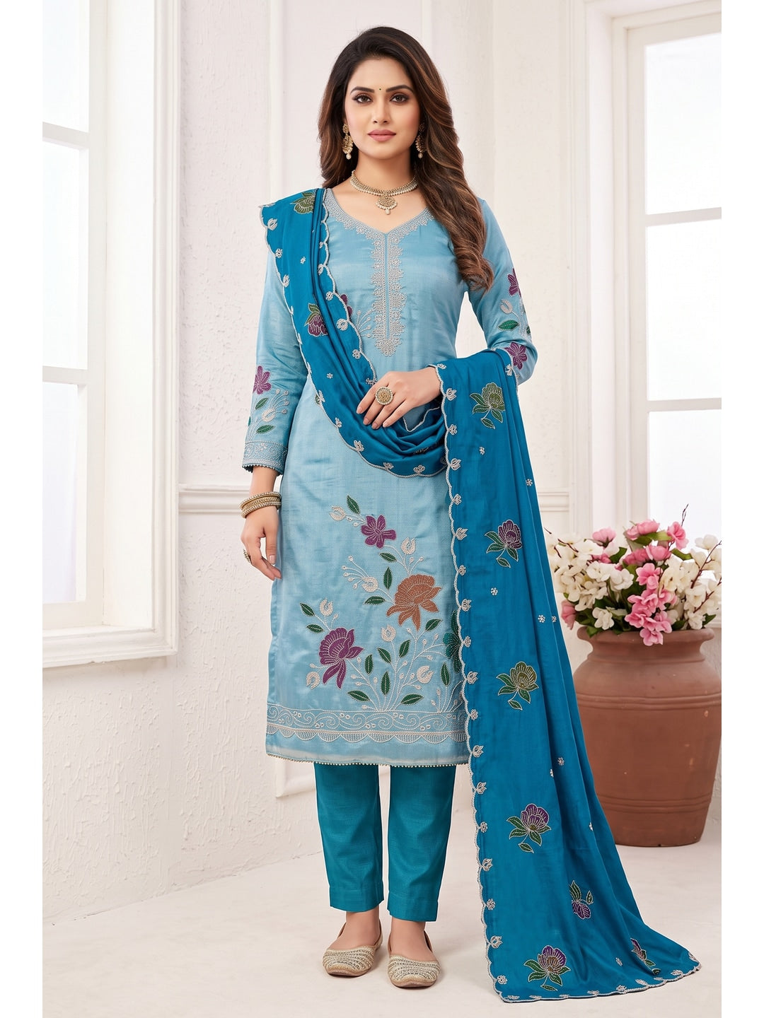 Peachmode Blue Floral Viscose Unstitched Dress Material - Image 2