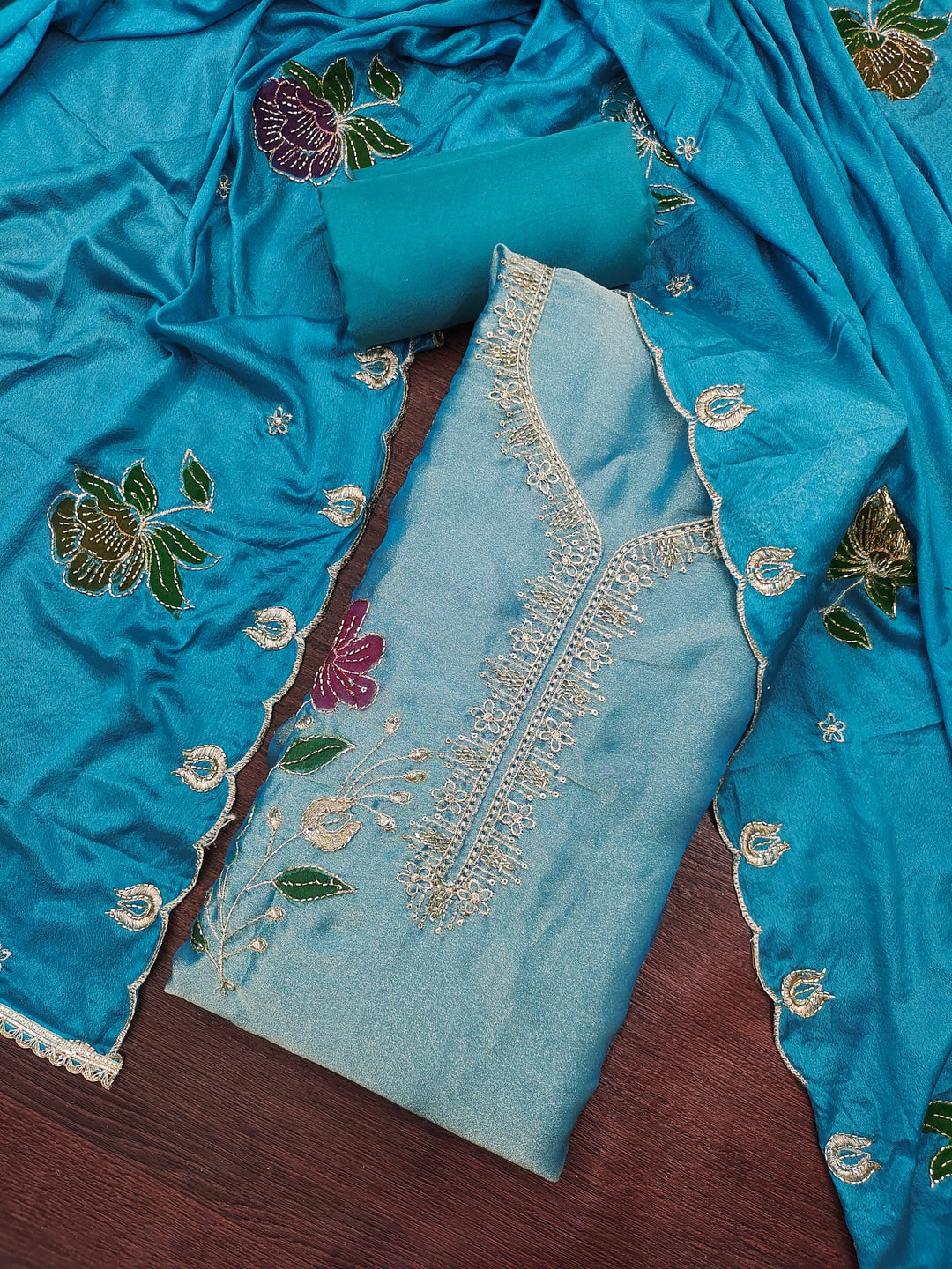 Peachmode Blue Floral Viscose Unstitched Dress Material - Image 4