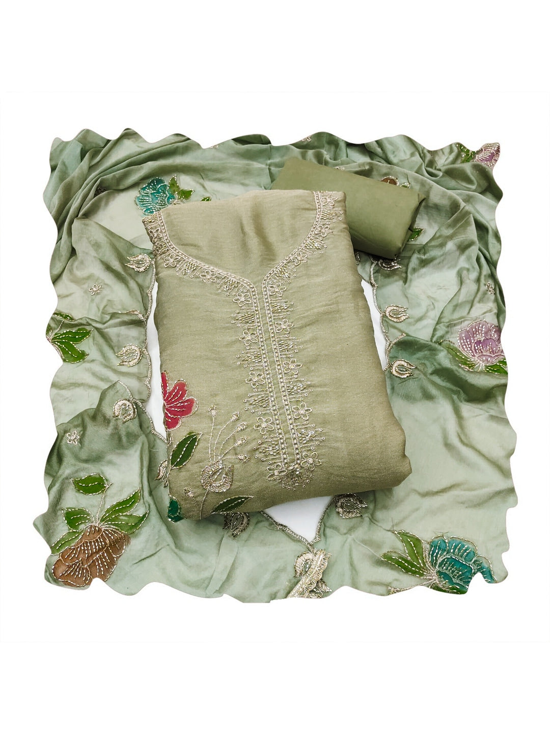 Peachmode Green Floral Viscose Unstitched Dress Material - Image 1