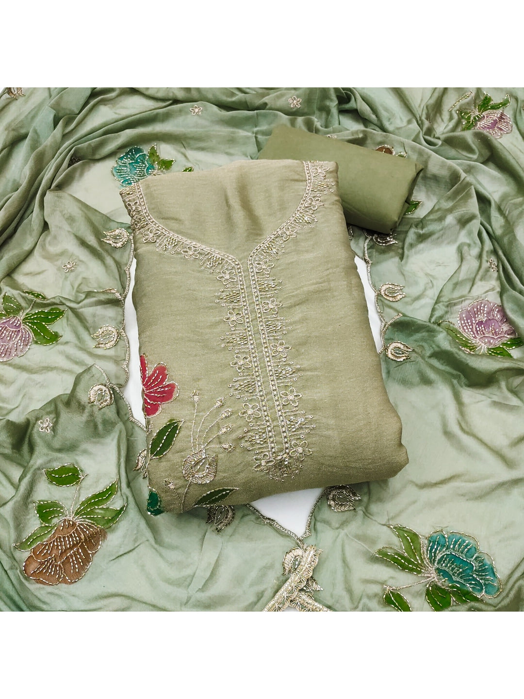 Peachmode Green Floral Viscose Unstitched Dress Material - Image 5